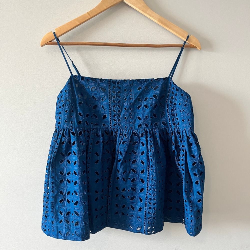 J.Crew Re-Imagined Eyelet Cami Babydoll Top Coastal Blue Medium Adjustable
